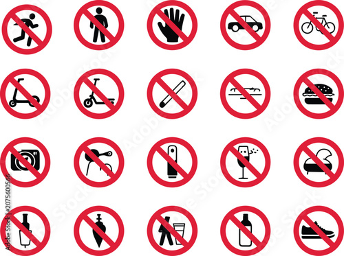 Foto Large collection of vector prohibition sign icons with red forbidden circles for