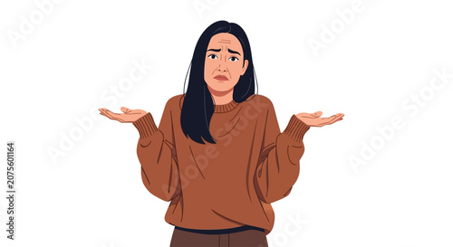 Bilde på lerret Confused young woman shrugging, puzzled expression, brown outfit, isolated backg