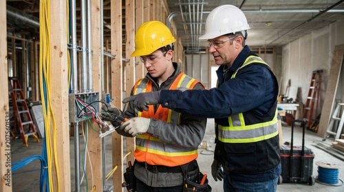 Professional electrician and apprentice installing electrical wiring inside a wall frame wearing bright safety vests