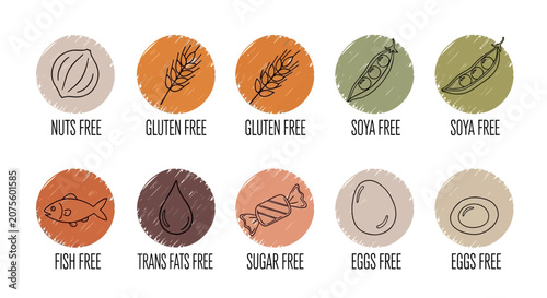 Cuadro en lienzo Food allergen icons, free from labels, dietary restrictions symbols, health food