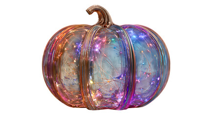 Glass pumpkin with colorful fairy lights isolated on transparent background