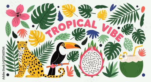 Photos Tropical vibe illustration with jungle animals and plants, summer concept backgr