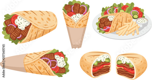 Set of traditional doner kebab gyro wrap shawarma and pita sandwich vector illustrations with fresh vegetables