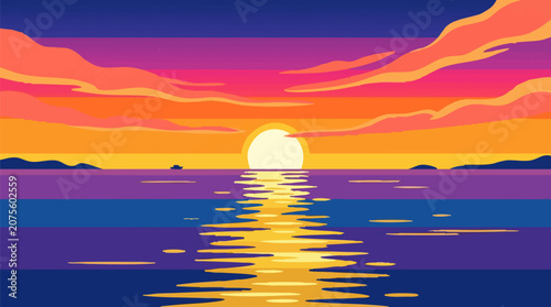 Billede på lærred Vibrant minimalist sunset seascape with boat and islands at horizon