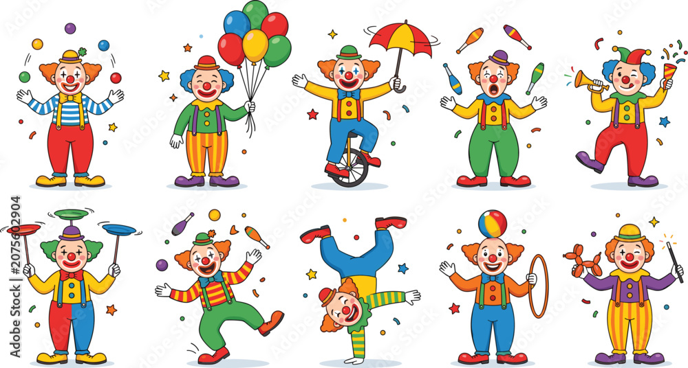 Fototapeta premium Vector icon collection of cheerful circus clowns performing entertaining tricks juggling spinning plates and balancing on unicycle over white background