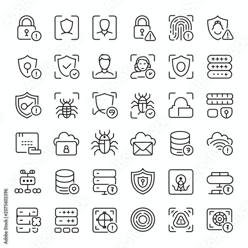 Cybersecurity Line Icons Set – Authentication, Biometrics, Malware, Cloud & Data Protection