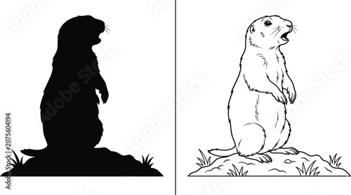 Fotografie Prairie Dog Animal Standing Silhouette and Outline Illustration on a Small Mound of Dirt with Grass Details