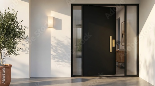 Modern entryway featuring minimalist black door with sleek gold handle next to ribbed glass sidelight panels and warm wall light fixture illuminating minimalist home exterior wall.