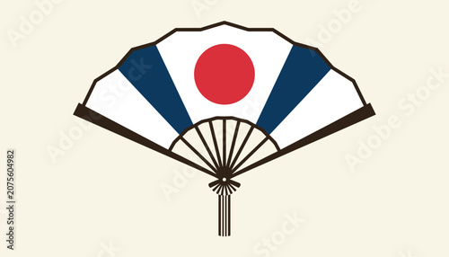 Decorative folding fan with a patriotic design featuring blue stripes and a centered red circle on a cream background.