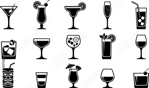 Black Cocktail and Alcoholic Beverage Silhouette Icon Set Featuring Martini Margarita Wine Champagne and Tiki Mug Glasses for Bar Menu Designs