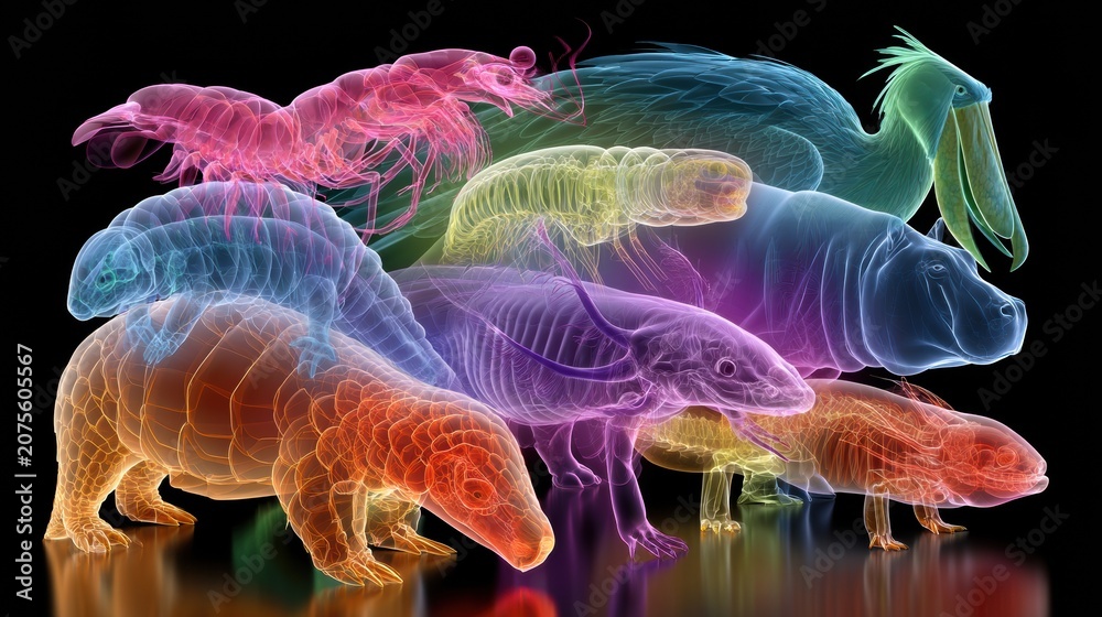 Fototapeta premium Nine unique animals glow in bright colors on a black background, creating a vivid display of their forms and features in one scene.