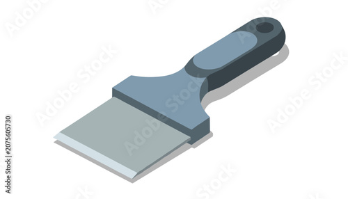 Modern metal paint scraper with a blue handle used for renovation and home improvement tasks on a white background.