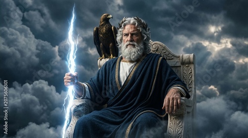 Powerful Greek god Zeus seated on majestic throne with lightning bolt beneath storm clouds, mythology concept