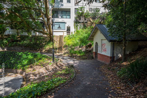 Park pathway with stairs and graffiti building near apartment towers Myers Park, Auckland, New Zealand, 1 January 2024