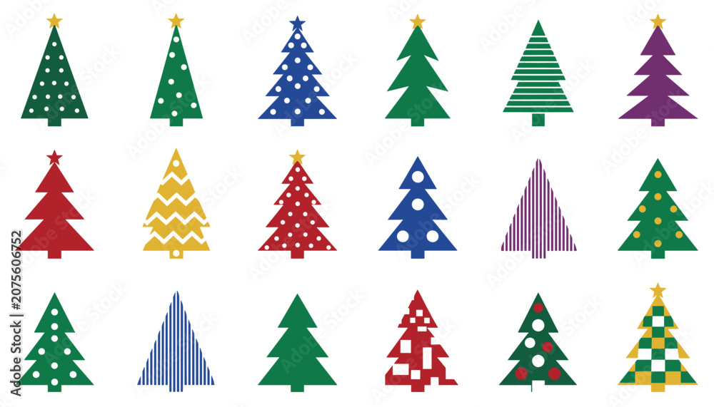 Obraz premium A collection of eighteen colorful christmas trees with various patterns and designs on a plain white background for holiday decor.