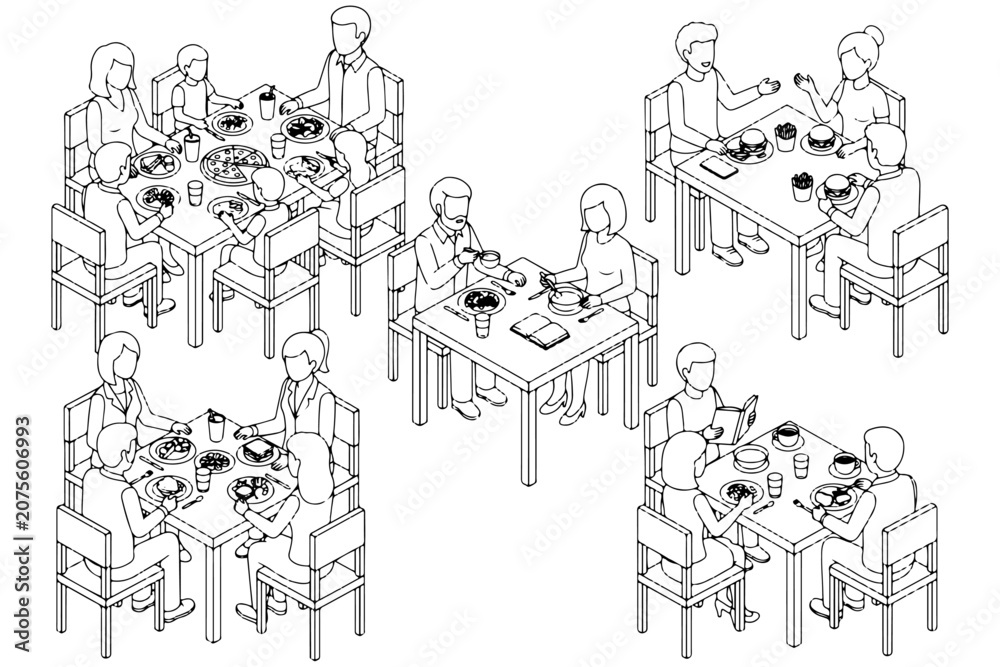 Obraz premium Isometric Restaurant Interior with People Dining Line Illustration