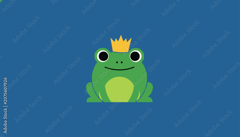 Fototapeta premium Small green frog with a golden crown, portrayed in a simple flat illustration style against a deep blue background for a fairy tale theme.