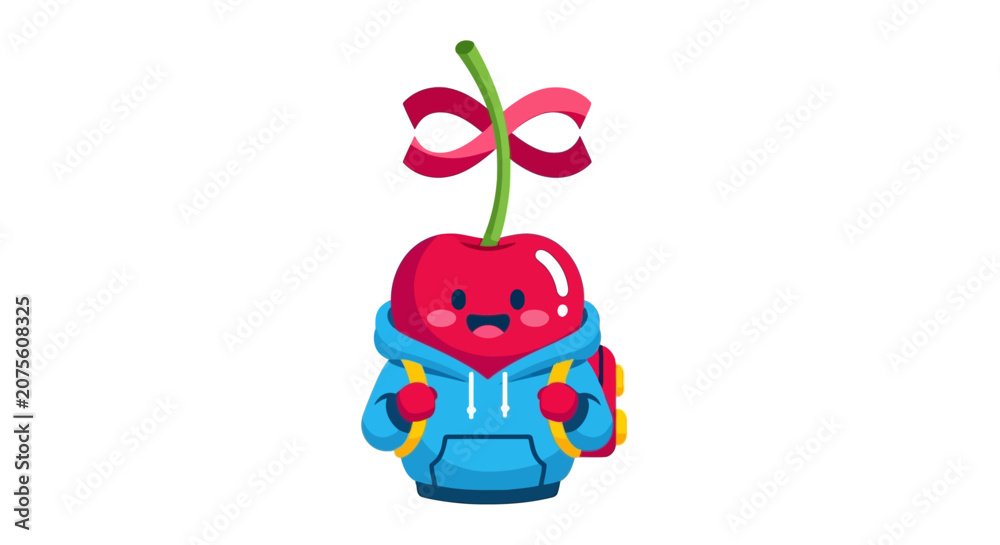 Fototapeta premium Cute Cherry Character with Backpack, Happy Face, and Bow Tie