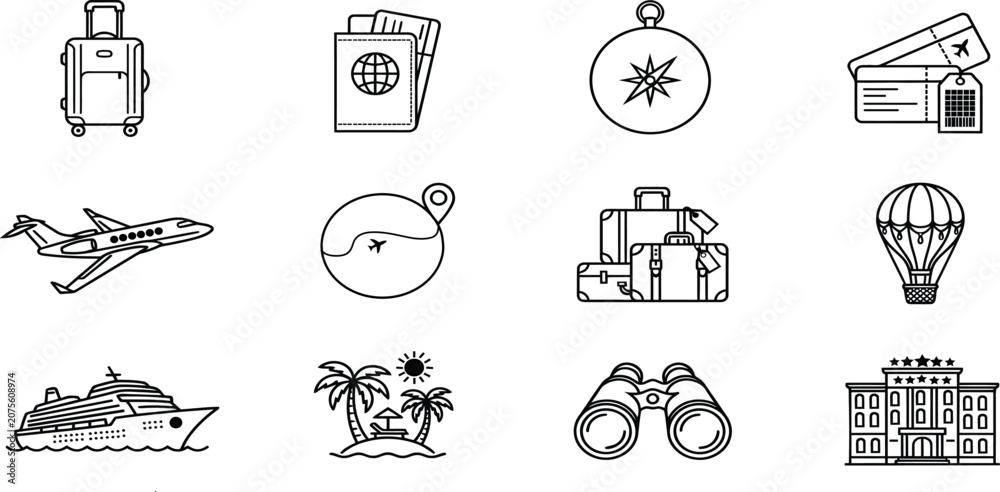 Fototapeta premium Travel, tourism and vacation outline vector icon set.