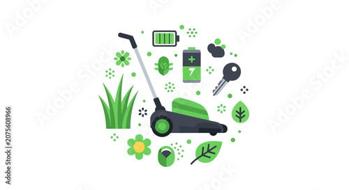 Electric Lawn Mower Illustration with Battery and Garden Elements - Eco-Friendly Gardening Concept
