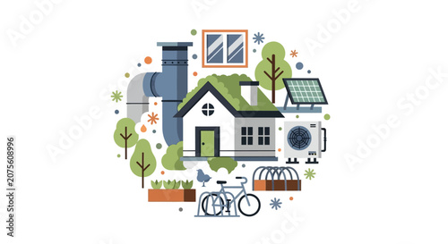 Sustainable Eco-Friendly House Illustration with Solar Panels, Heat Pump, Green Roof, and Renewable Energy Icons for Green Living and Sustainability Concepts