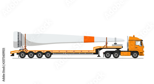 Heavy-Duty Semi-Truck Transporting Large Wind Turbine Blade on Trailer Vector Illustration for Renewable Energy Logistics and Transportation Themes