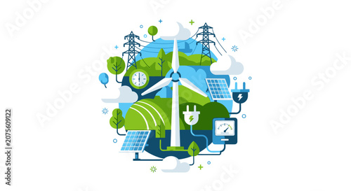 Renewable Energy and Sustainability Concept Vector with Wind Turbine, Solar Panels, Power Grid, and Green Nature Elements for Eco-Friendly Future