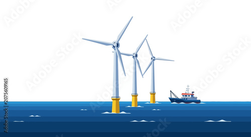 Offshore Wind Farm Illustration with Wind Turbines and Service Vessel in the Ocean, Sustainable Clean Renewable Energy Concept Vector