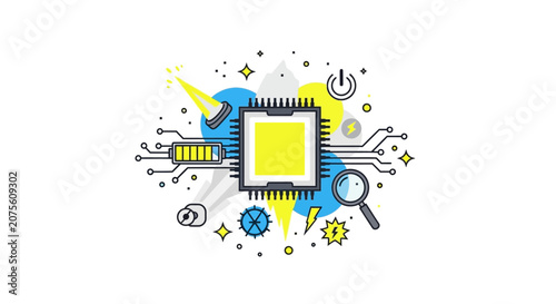Modern Technology and Microchip Concept Illustration. Computer Hardware CPU, Power, and Electronics Icons in Flat Line Art Style on White Background.