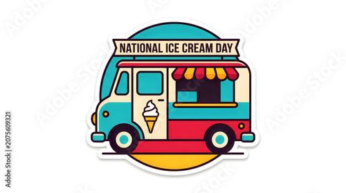 Vintage style sticker graphic for National Ice Cream Day with mobile truck icon