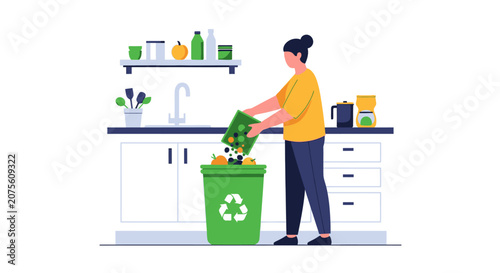 Woman Sorting Organic Food Waste into Green Recycling Bin in Kitchen Illustration - Sustainability and Eco-Friendly Lifestyle Concept