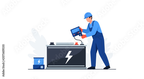 Professional Electrician Testing and Maintaining a Large Car Battery with Diagnostic Tool, Flat Vector Illustration