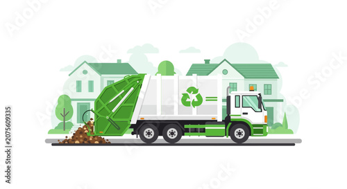 Green Recycling Garbage Truck Collecting Waste in Suburban Neighborhood Flat Vector Illustration
