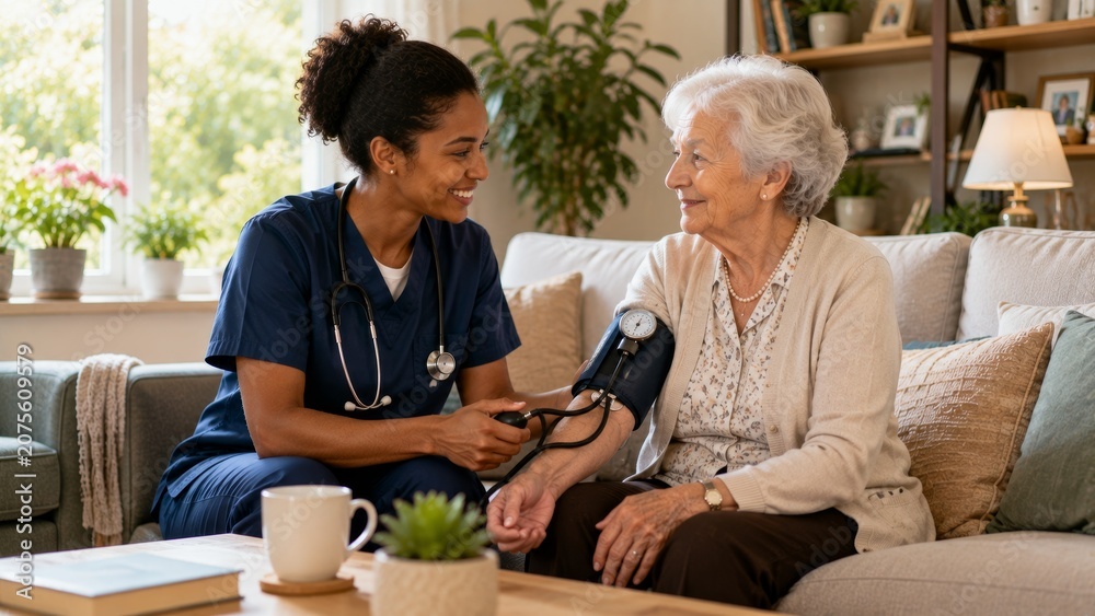 Fototapeta premium Home Healthcare Nurse Measuring Blood Pressure of Senior Woman at Home