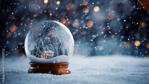 Christmas Snow Globe With Cozy Lit House and Pine Trees in Winter Snow