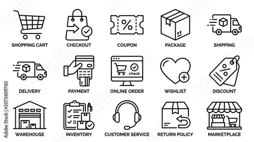 E-commerce icons illustrate online shopping experience with various services