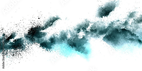Explosion of aqua and black powder creating a dynamic abstract cloud formation against a clean backdrop, symbolizing energy and disruption