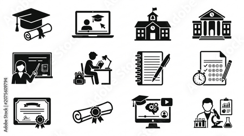 Graduation ceremony icons illustrate various educational symbols on screen