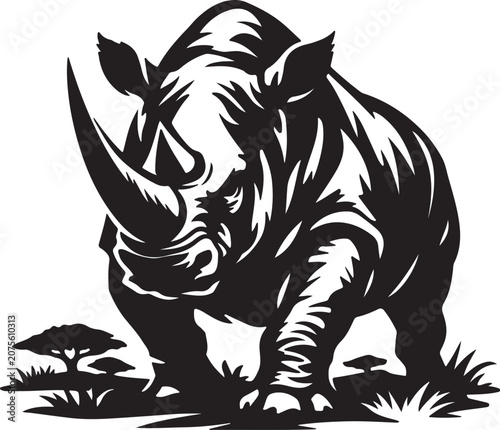 Charging African Rhinoceros In Savanna Nature