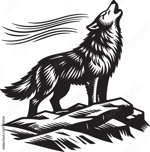 Howling Wolf Standing On Rock Edge