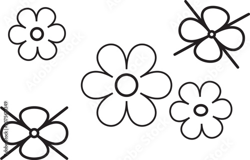 Set of hand drawn floral doodle icons with simple black outlines isolated on white background for creative design projects.