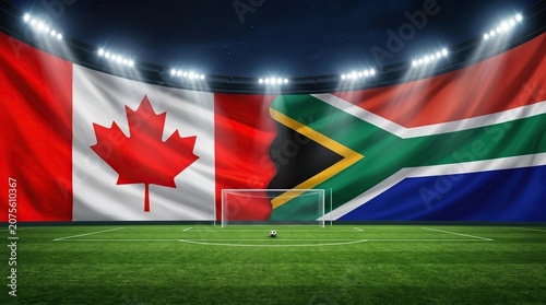 Illuminated soccer stadium featuring Canada and South Africa flags behind goal post, international sports competition, football match background.