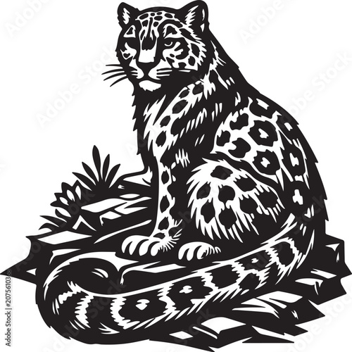 Snow Leopard Sitting On Mountain Rock
