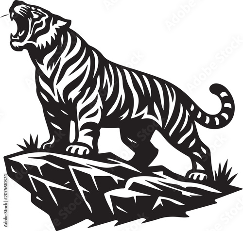 Roaring Tiger Standing On Rock Cliff