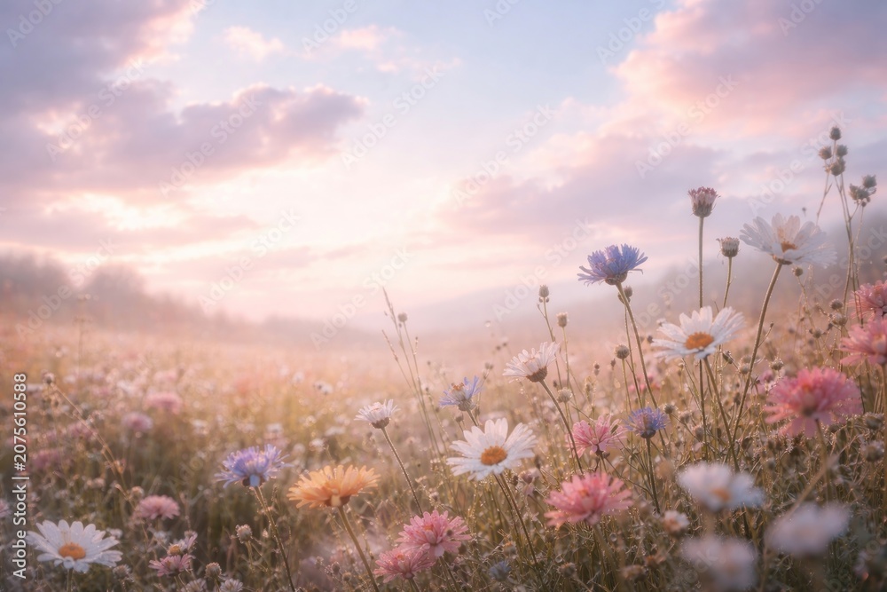 Obraz premium Serene wildflower meadow at sunrise.