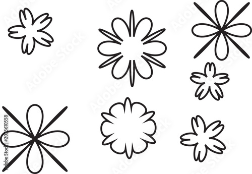 Set of hand drawn floral doodle icons with simple black outlines isolated on white background for creative design projects.
