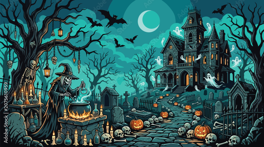 Fototapeta premium Evil witch mixes a glowing potion on a stone altar in a graveyard filled with ghosts and a path of skulls.