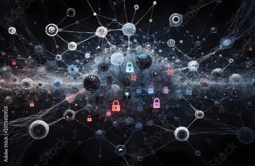 Cyber network with locked security icons on dark space background