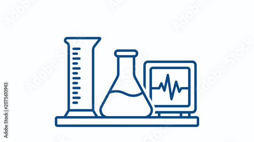 A detailed blue line art icon of laboratory equipment set on a clean white background.