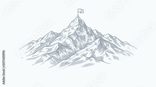 A detailed illustration of a mountain peak with a winding red path leading to the.